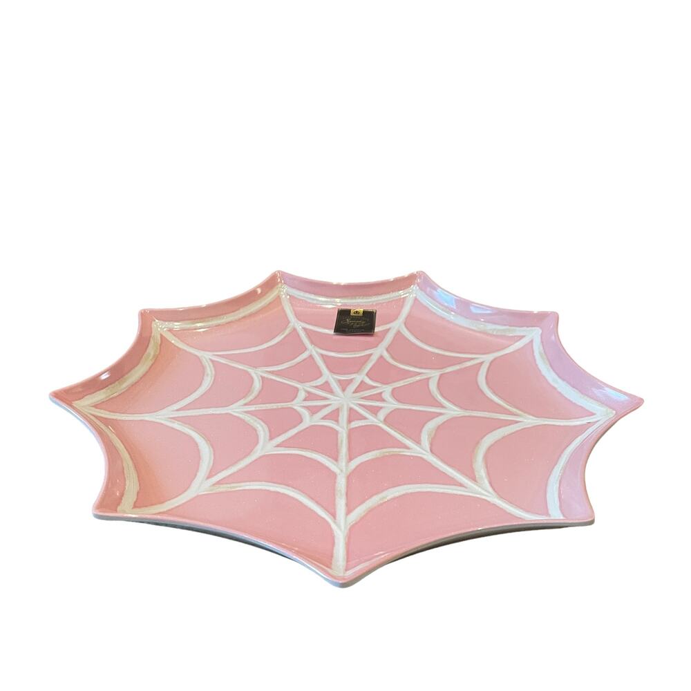SPOOKY NIGHT Large Melamine Spider's Web Serving Tray 16in Pink & White BOO New - Picture 10 of 14